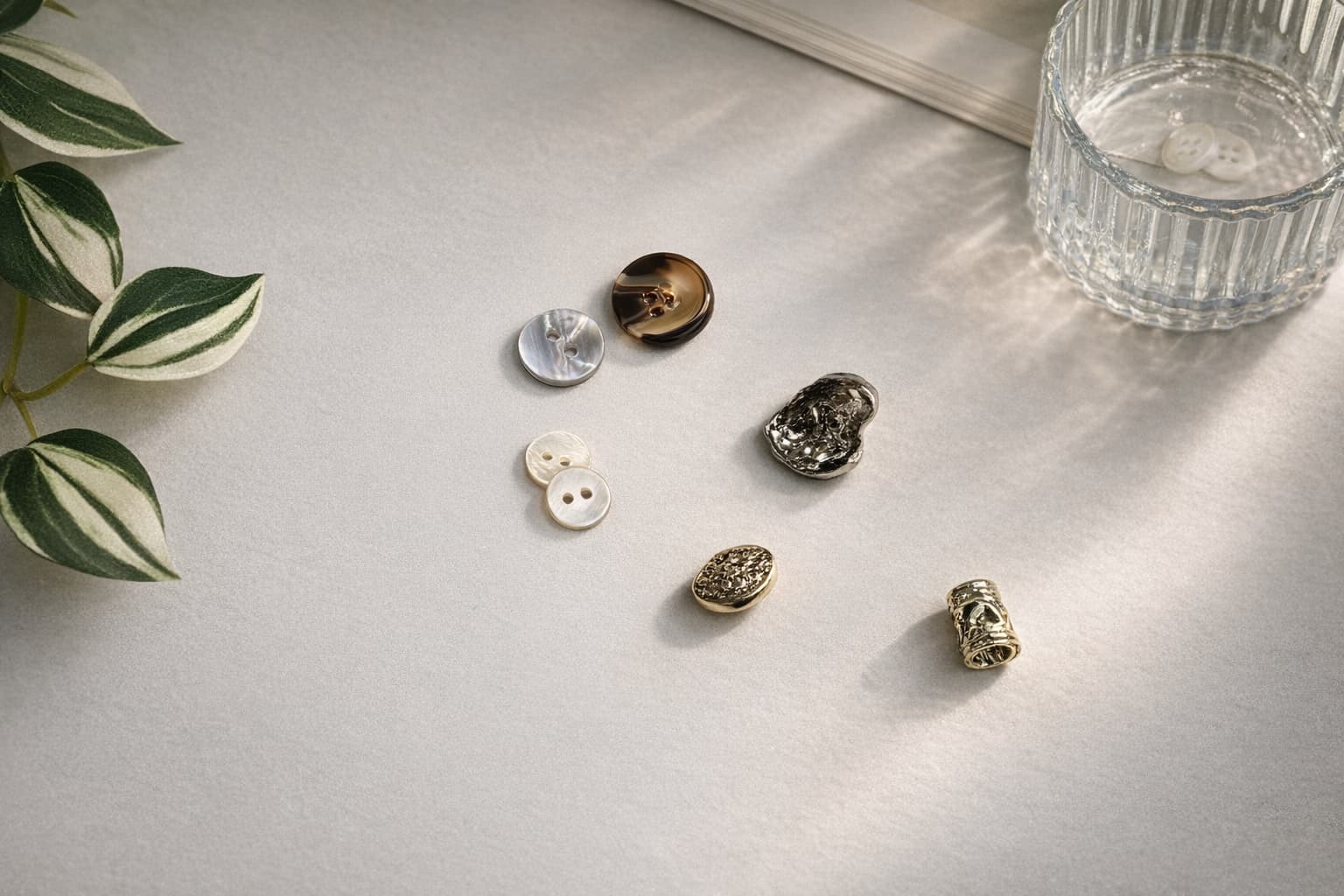 Assorted apparel buttons in different finishes and sizes.