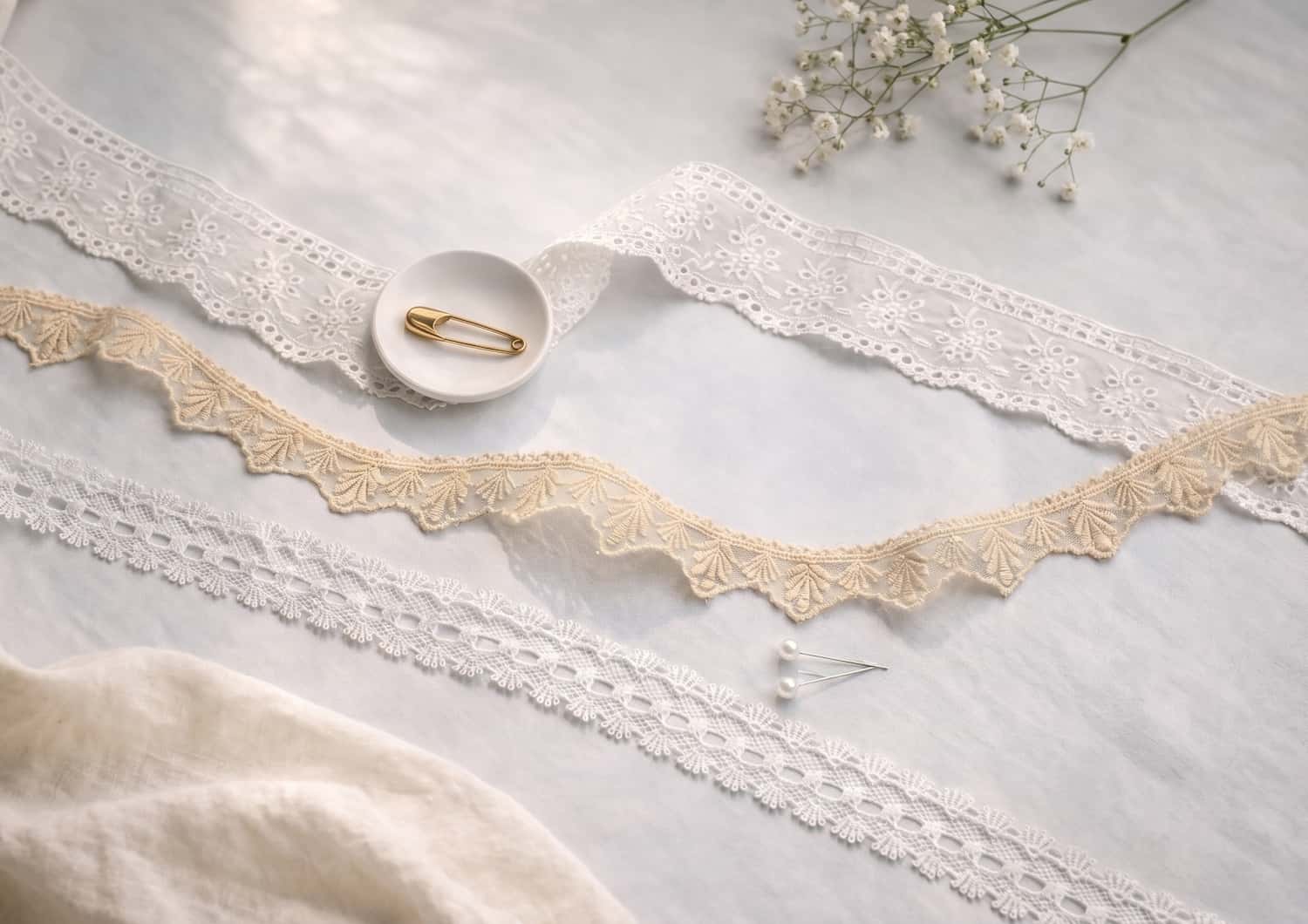 Embroidered tulle in different materials and designs.