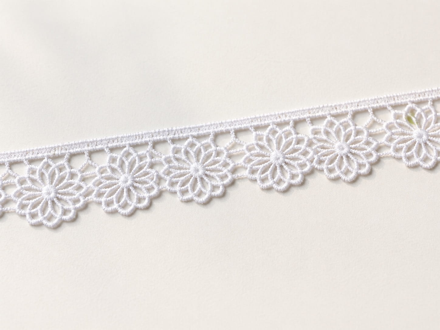 Guipure lace trims with raised floral motifs.