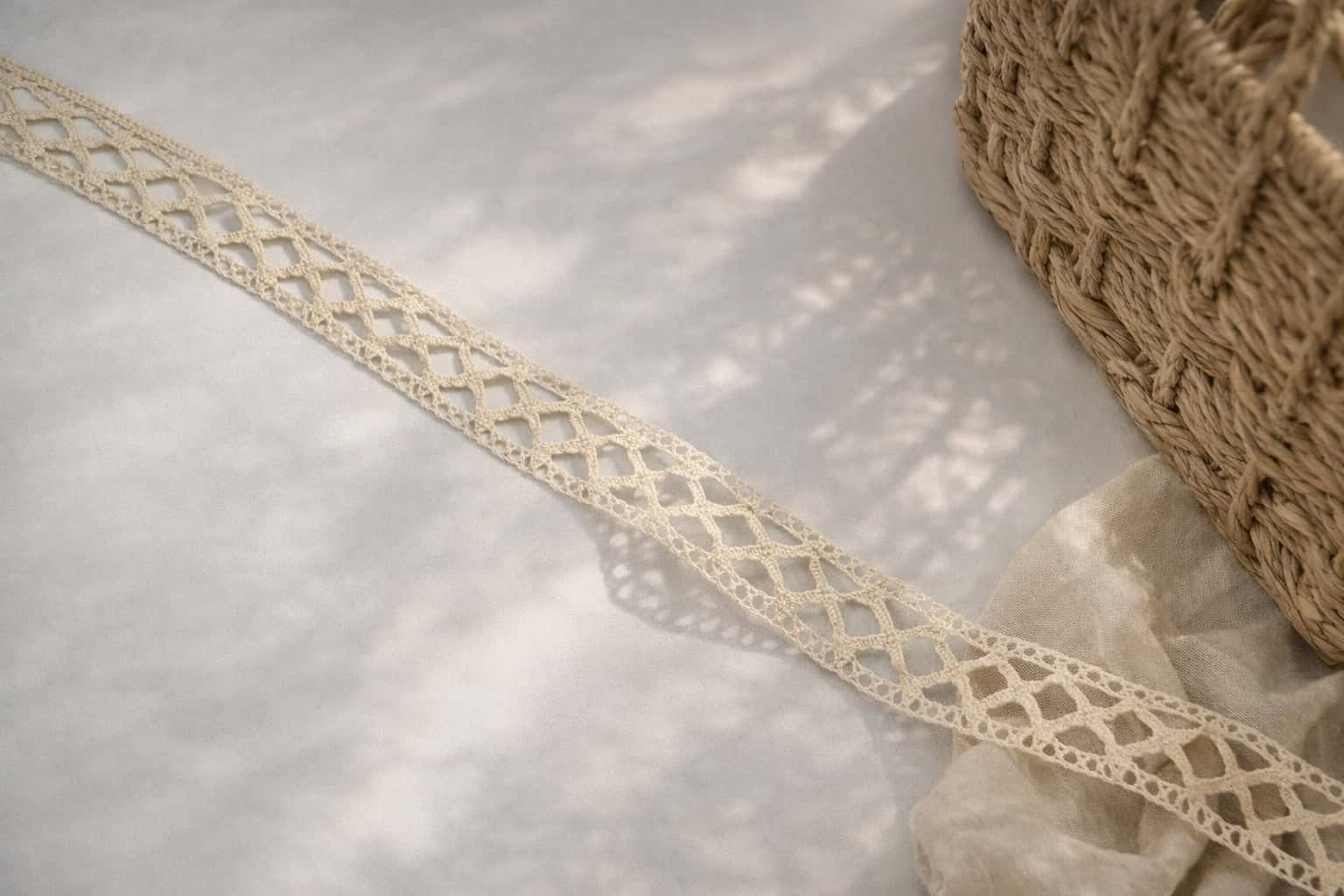 Layered lace trims arranged to show texture and edge detail.